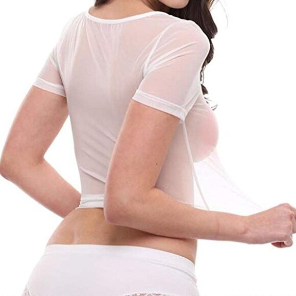 Women's White Sleepwear Sheer Lace Lingerie Mesh T Shirt Short Sleeve Crop Tops - Picture 4 of 5